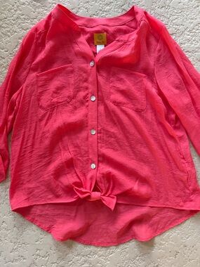 Ruby Rd. Coral Button-Front Tie Hem Top